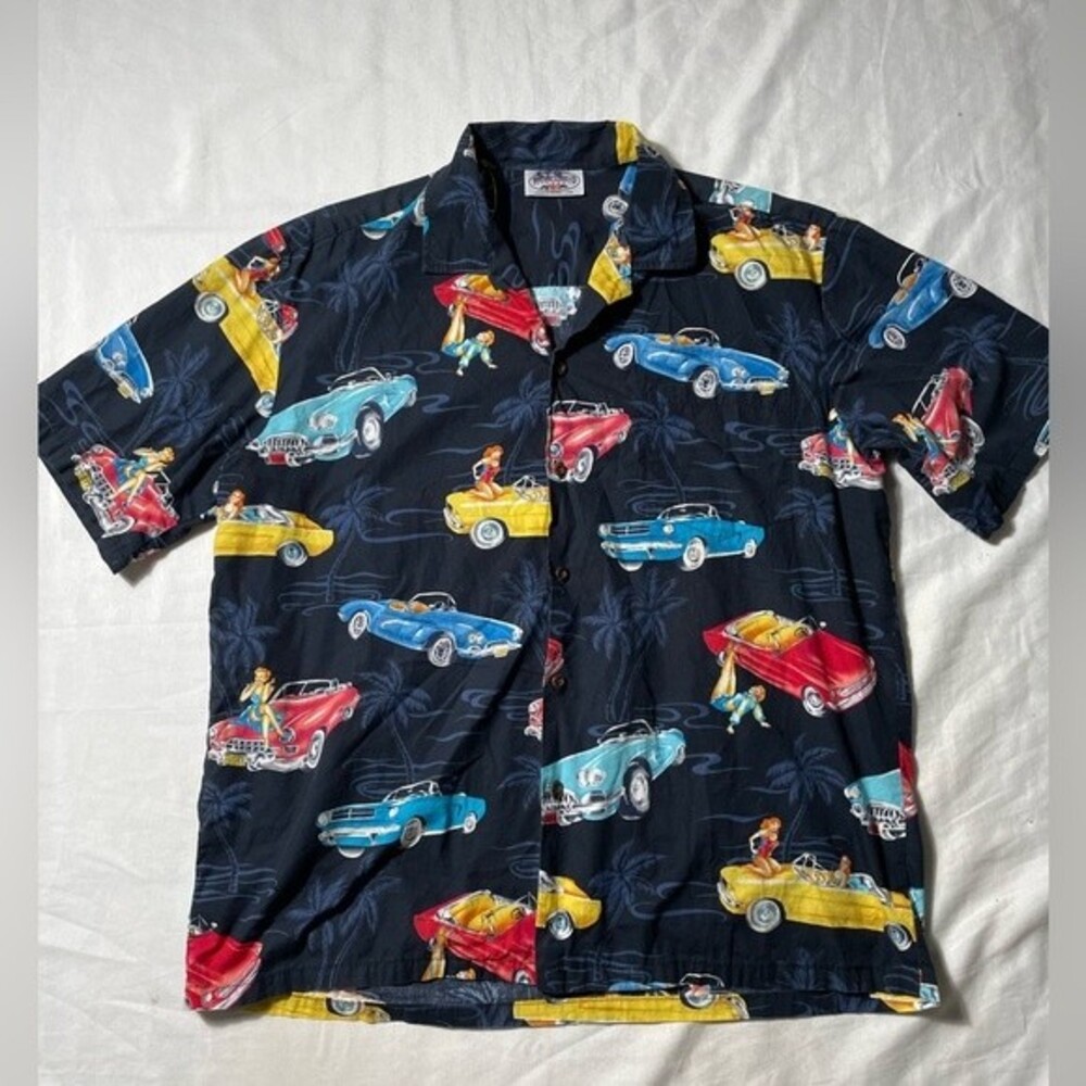 Vintage 90s Pacific Legend Classic Car Black Cotton Men's Hawaiian Shirt size XL